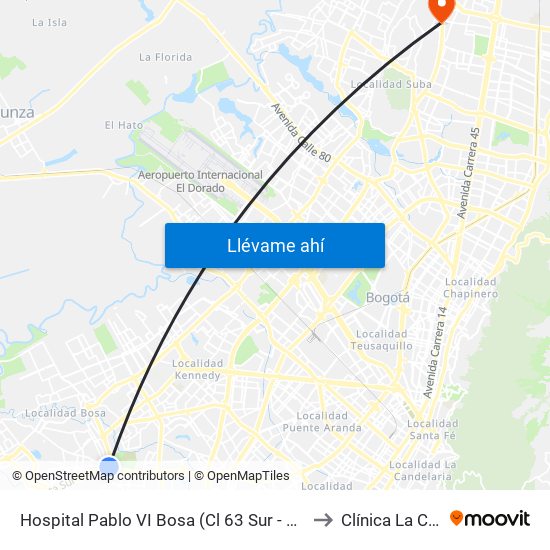 Hospital Pablo VI Bosa (Cl 63 Sur - Kr 77g) (A) to Clínica  La Colina map