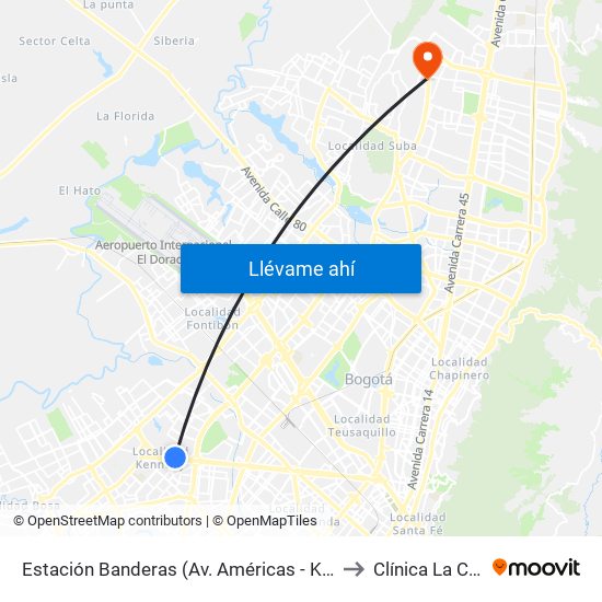 Estación Banderas (Av. Américas - Kr 78a) (A) to Clínica  La Colina map