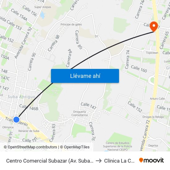 Centro Comercial Subazar (Av. Suba - Kr 91) to Clínica  La Colina map