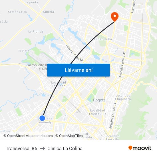 Transversal 86 to Clínica  La Colina map