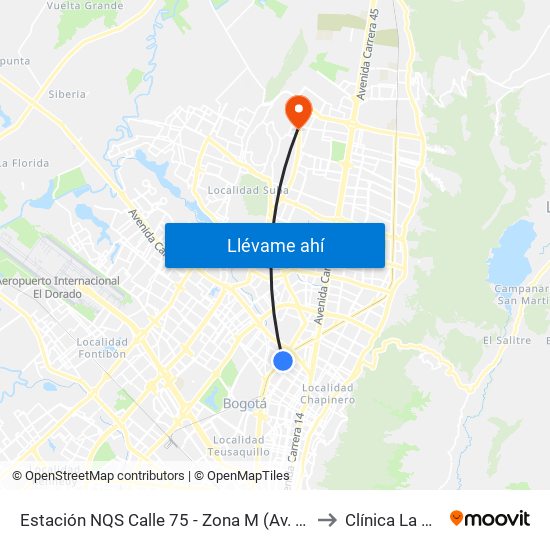 Estación NQS Calle 75 - Zona M (Av. NQS - Cl 75) to Clínica  La Colina map