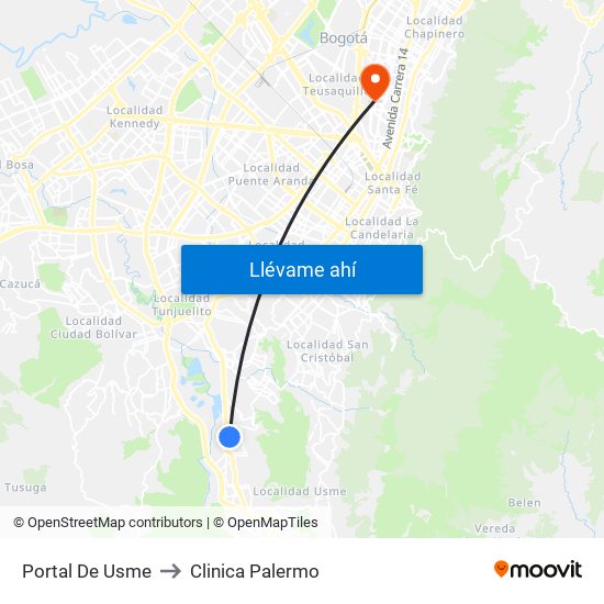 Portal De Usme to Clinica Palermo map