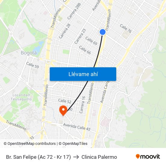 Br. San Felipe (Ac 72 - Kr 17) to Clinica Palermo map