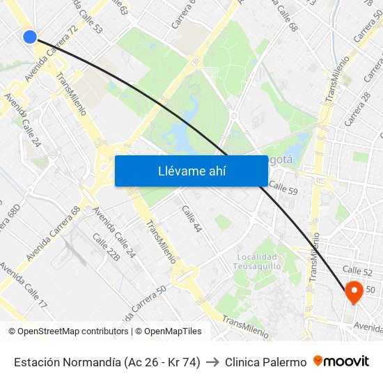 Estación Normandía (Ac 26 - Kr 74) to Clinica Palermo map