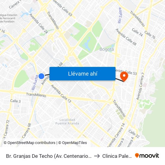 Br. Granjas De Techo (Av. Centenario - Kr 65) to Clinica Palermo map