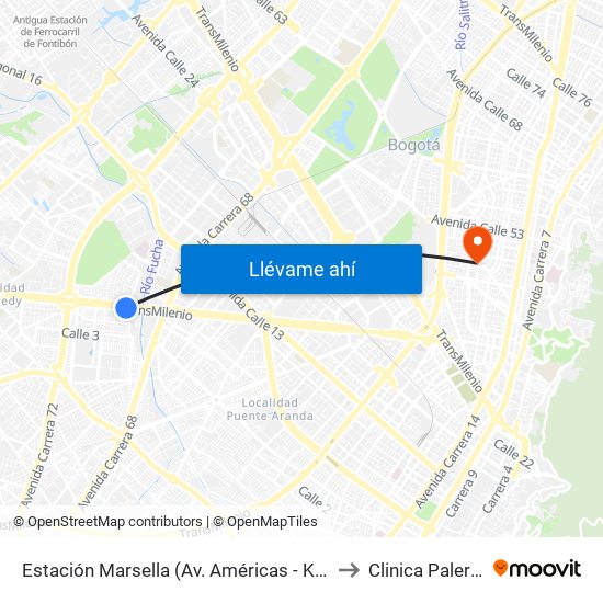 Estación Marsella (Av. Américas - Kr 69b) to Clinica Palermo map