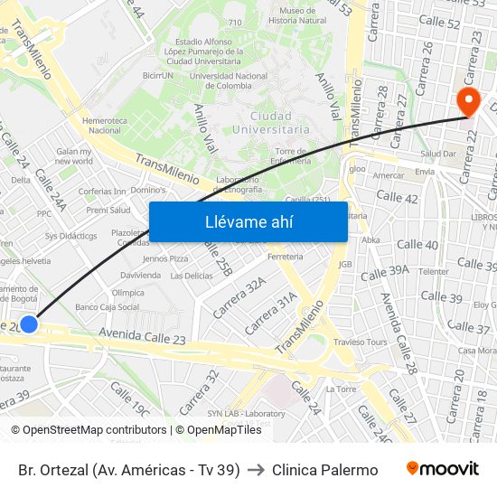 Br. Ortezal (Av. Américas - Tv 39) to Clinica Palermo map