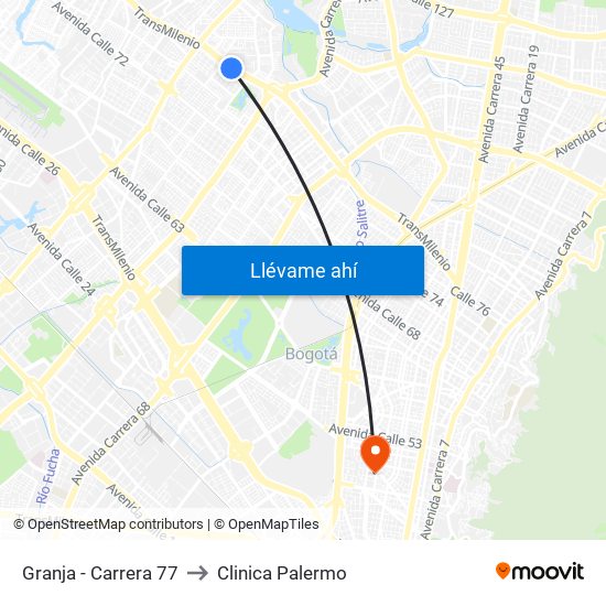 Granja - Carrera 77 to Clinica Palermo map