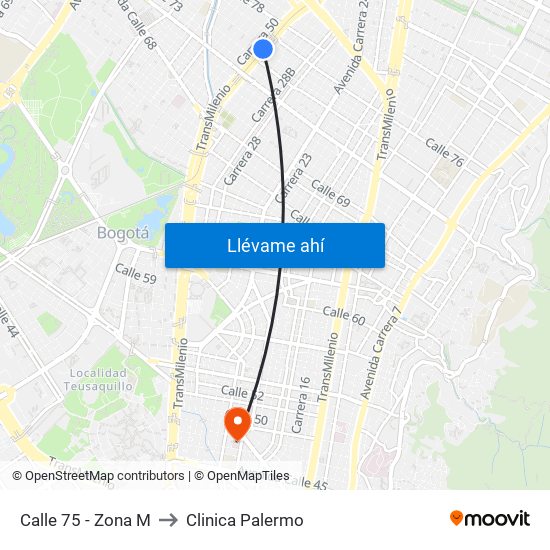 Calle 75 - Zona M to Clinica Palermo map