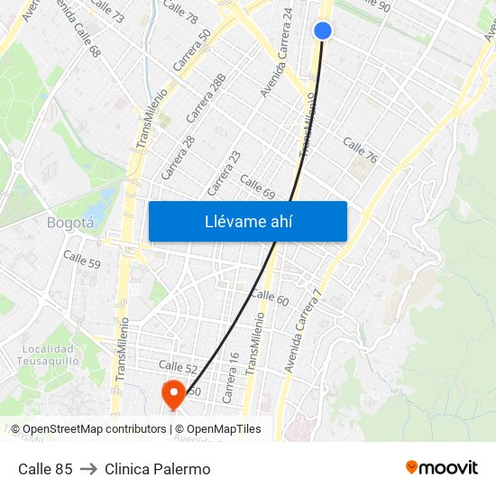 Calle 85 to Clinica Palermo map