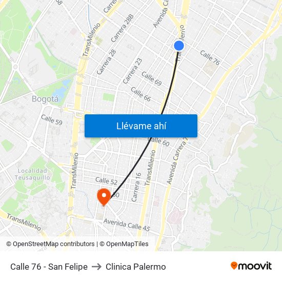 Calle 76 - San Felipe to Clinica Palermo map