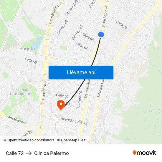 Calle 72 to Clinica Palermo map