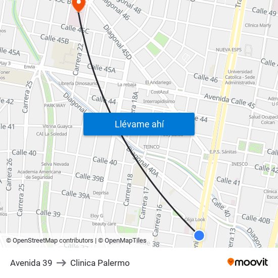 Avenida 39 to Clinica Palermo map