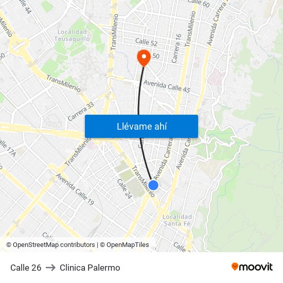 Calle 26 to Clinica Palermo map