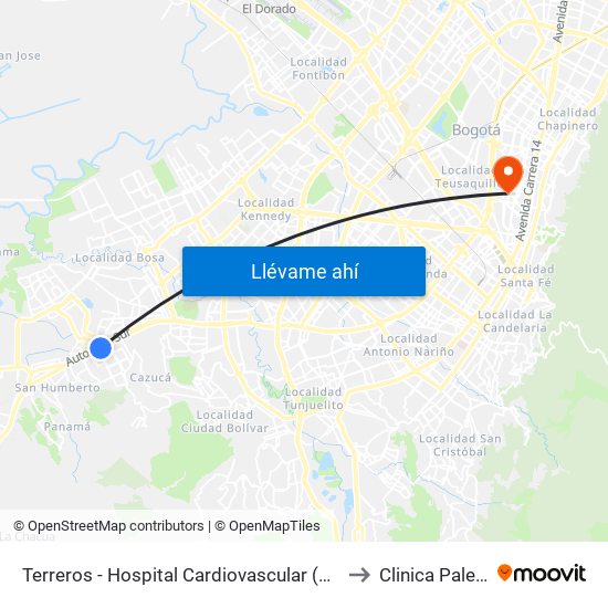 Terreros - Hospital Cardiovascular (Lado Sur) to Clinica Palermo map