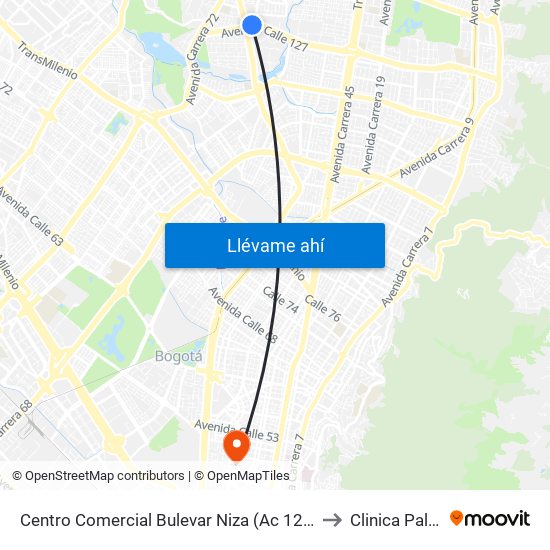 Centro Comercial Bulevar Niza (Ac 127 - Av. Suba) to Clinica Palermo map