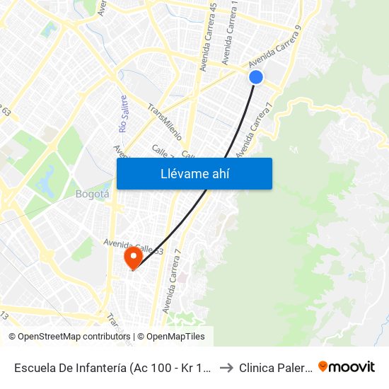 Escuela De Infantería (Ac 100 - Kr 11a) (B) to Clinica Palermo map