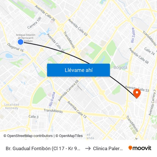 Br. Guadual Fontibón (Cl 17 - Kr 96h) to Clinica Palermo map