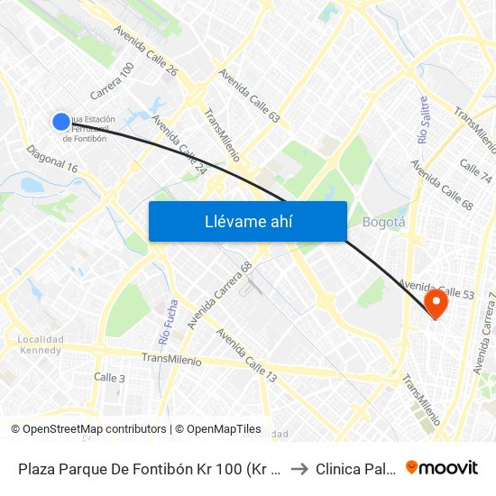 Plaza Parque De Fontibón Kr 100 (Kr 100 - Cl 17a) to Clinica Palermo map