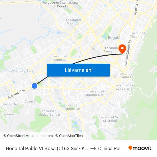 Hospital Pablo VI Bosa (Cl 63 Sur - Kr 77g) (A) to Clinica Palermo map