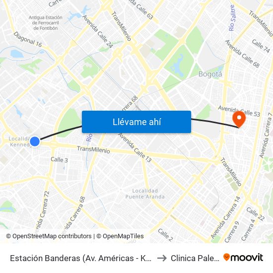 Estación Banderas (Av. Américas - Kr 78a) (A) to Clinica Palermo map