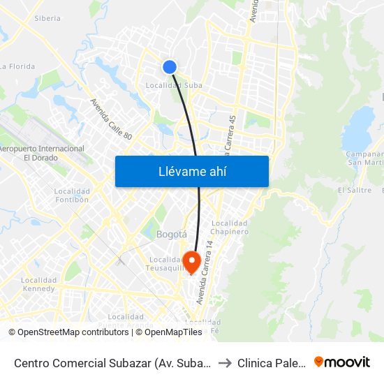 Centro Comercial Subazar (Av. Suba - Kr 91) to Clinica Palermo map
