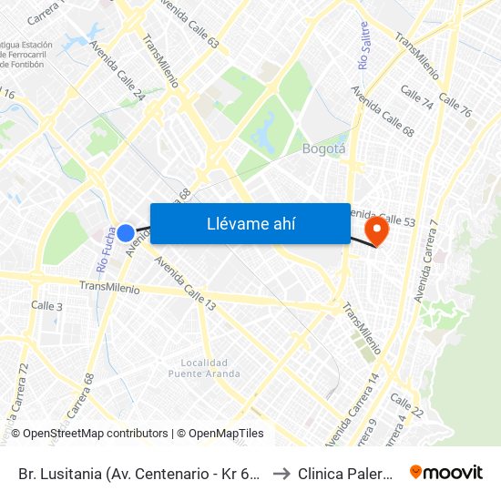 Br. Lusitania (Av. Centenario - Kr 68b) to Clinica Palermo map