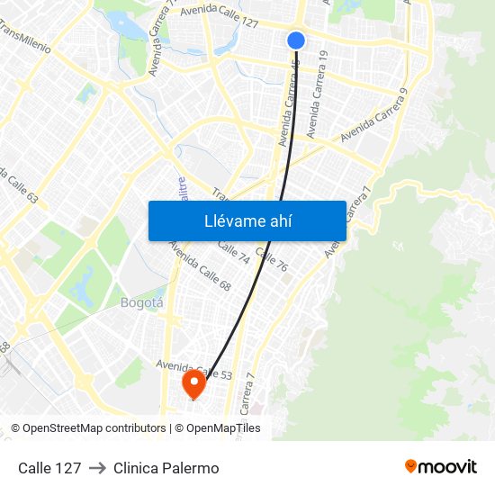 Calle 127 to Clinica Palermo map