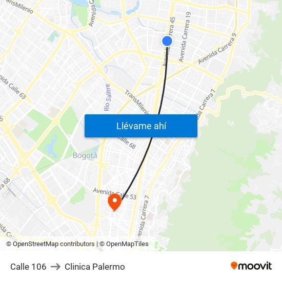 Calle 106 to Clinica Palermo map