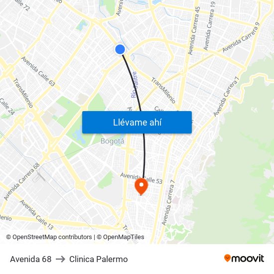 Avenida 68 to Clinica Palermo map