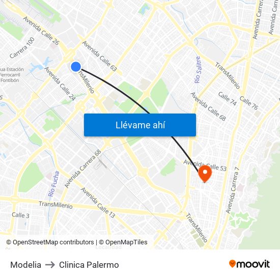 Modelia to Clinica Palermo map