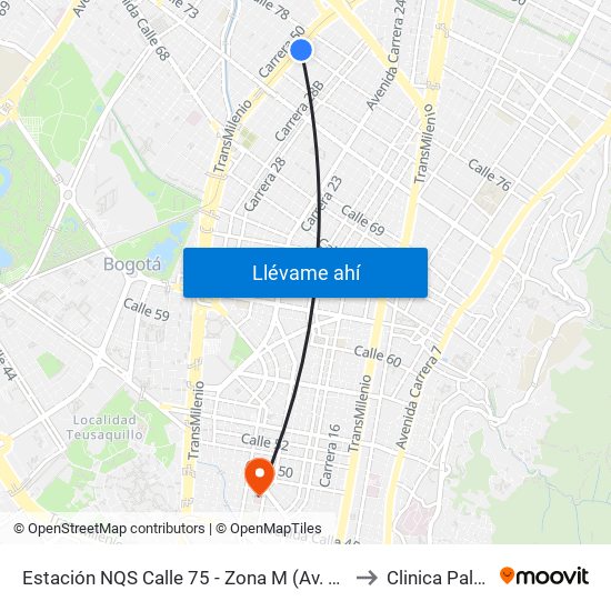 Estación NQS Calle 75 - Zona M (Av. NQS - Cl 75) to Clinica Palermo map
