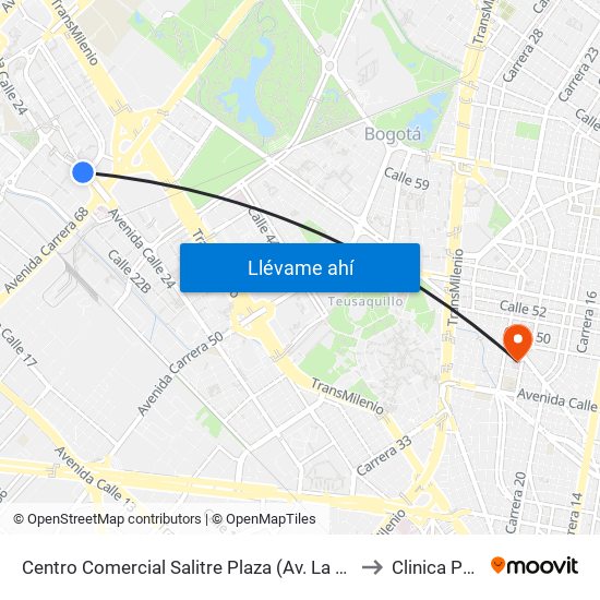 Centro Comercial Salitre Plaza (Av. La Esperanza - Kr 68a) to Clinica Palermo map