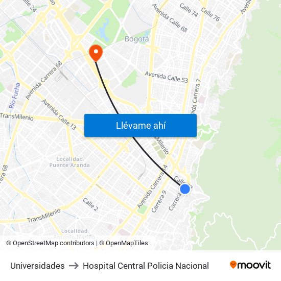 Universidades to Hospital Central Policia Nacional map