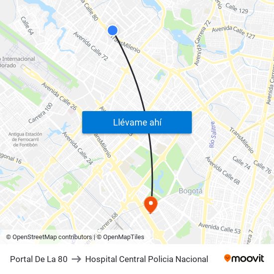 Portal De La 80 to Hospital Central Policia Nacional map