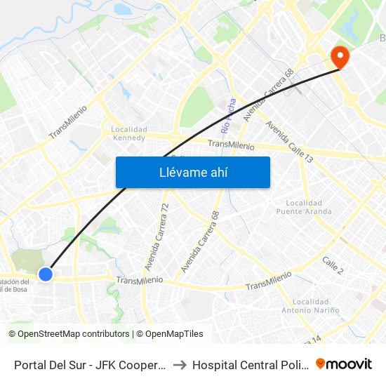 Portal Del Sur - JFK Cooperativa Financiera to Hospital Central Policia Nacional map