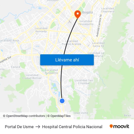Portal De Usme to Hospital Central Policia Nacional map