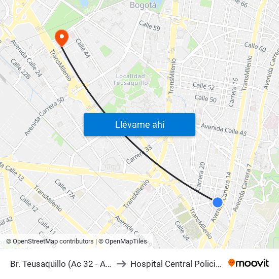 Br. Teusaquillo (Ac 32 - Av. Caracas) to Hospital Central Policia Nacional map