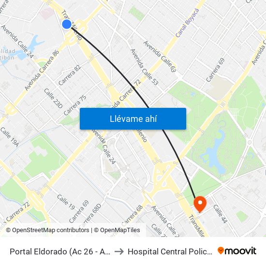 Portal Eldorado (Ac 26 - Av. C. De Cali) to Hospital Central Policia Nacional map