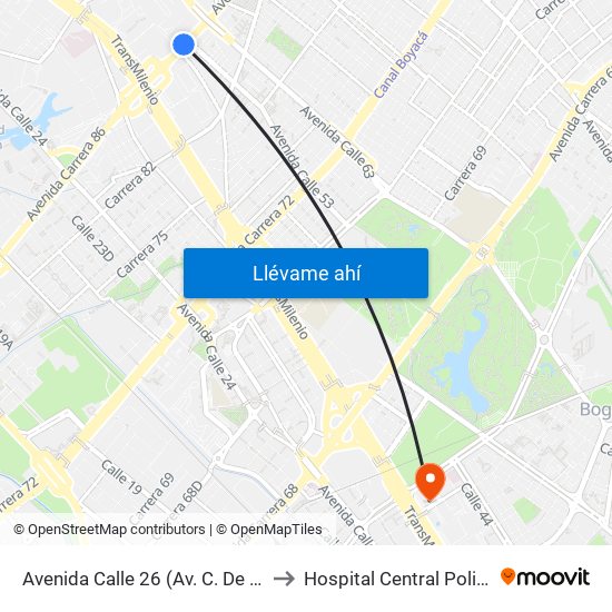Avenida Calle 26 (Av. C. De Cali - Cl 51) (A) to Hospital Central Policia Nacional map