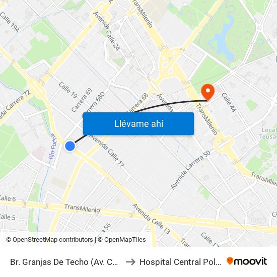 Br. Granjas De Techo (Av. Centenario - Kr 65) to Hospital Central Policia Nacional map