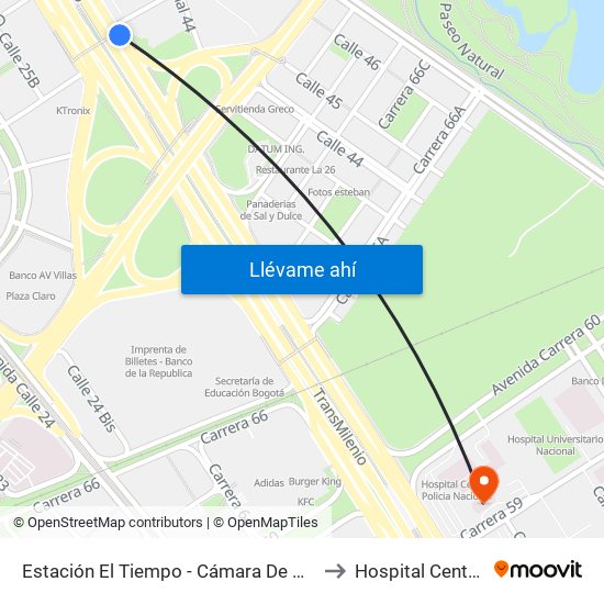 Estación El Tiempo - Cámara De Comercio De Bogotá (Ac 26 - Kr 68b Bis) to Hospital Central Policia Nacional map