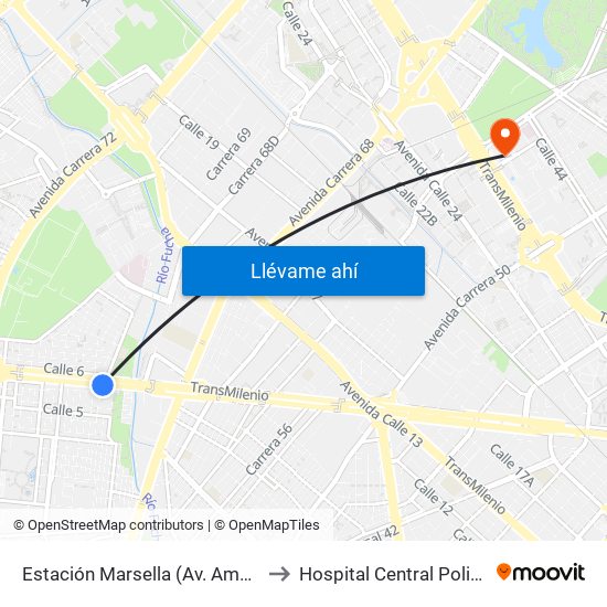 Estación Marsella (Av. Américas - Kr 69b) to Hospital Central Policia Nacional map