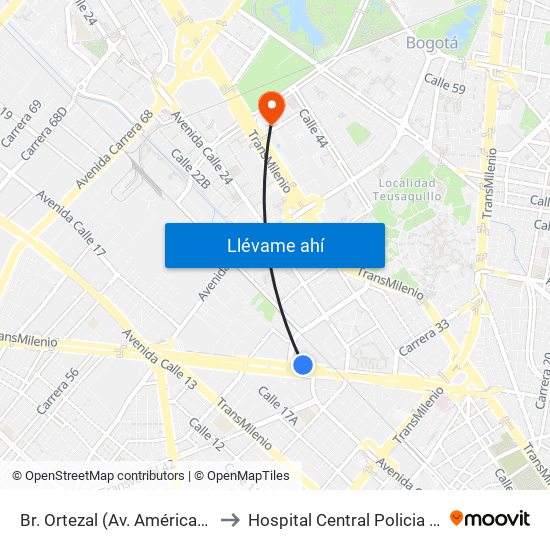 Br. Ortezal (Av. Américas - Tv 39) to Hospital Central Policia Nacional map