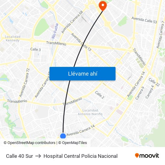 Calle 40 Sur to Hospital Central Policia Nacional map