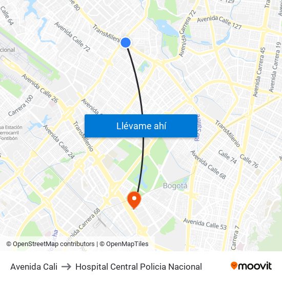 Avenida Cali to Hospital Central Policia Nacional map
