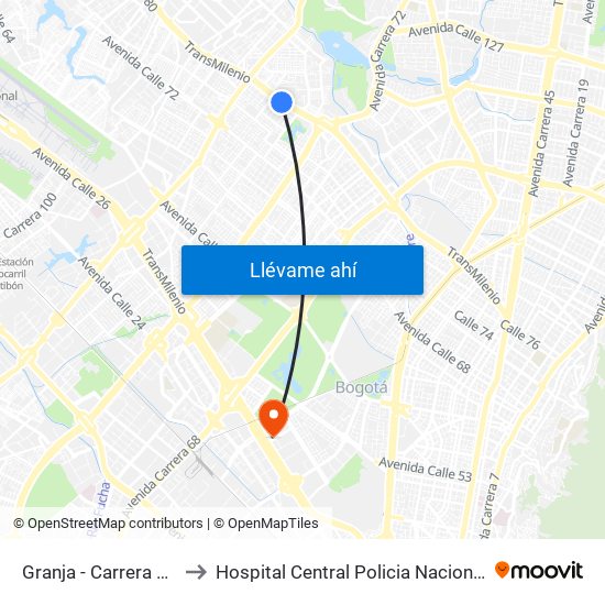 Granja - Carrera 77 to Hospital Central Policia Nacional map