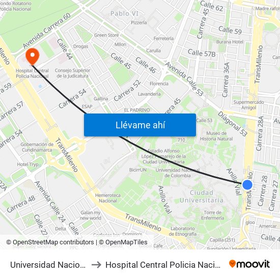 Universidad Nacional to Hospital Central Policia Nacional map