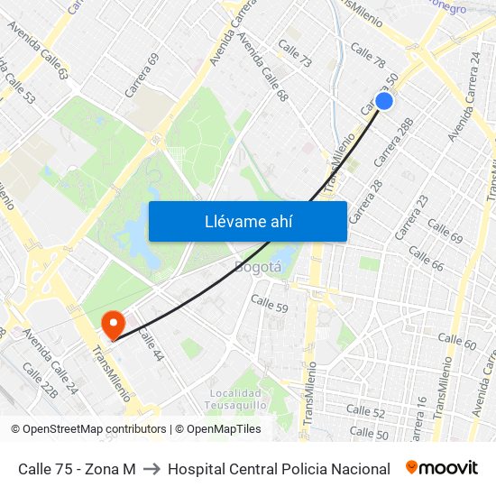 Calle 75 - Zona M to Hospital Central Policia Nacional map