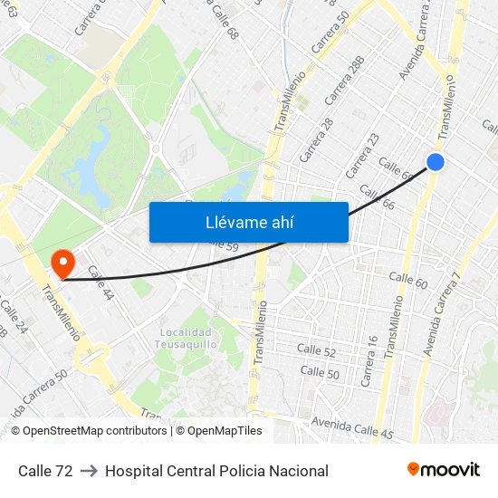 Calle 72 to Hospital Central Policia Nacional map